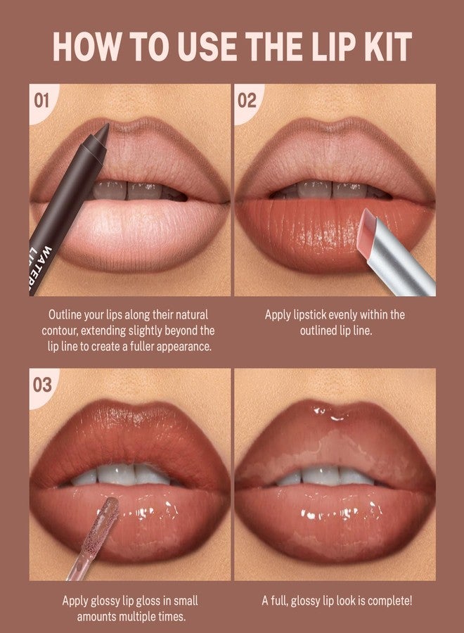 Noerrors 3Pcs Lip Combo Set, Lip Kit with Brown Plumping Lip Liner & Nourishing Lipstick & Nude Glossy Lip Gloss, Long-Lasting, Lightweight, Non-Sticky, Juicy Nude Pink Lip Contour Trio Set for Women - Image 5