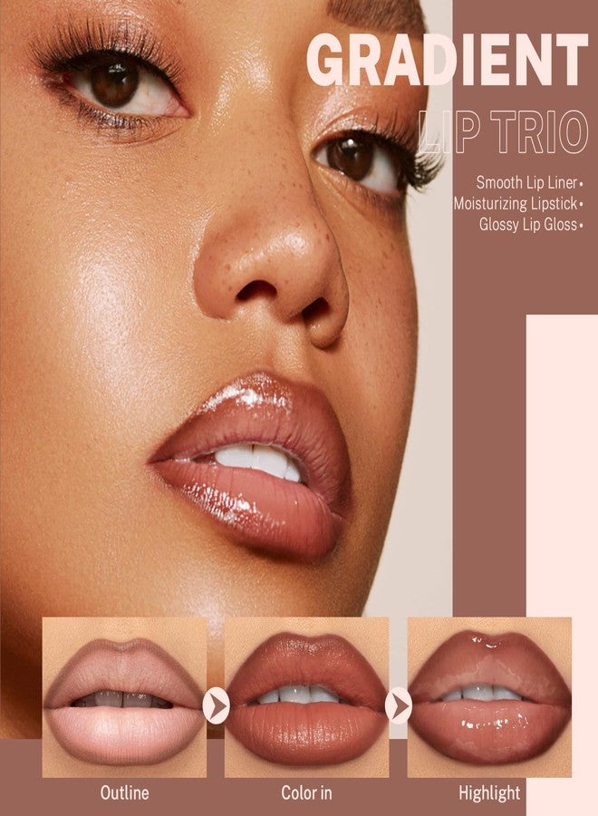 Noerrors 3Pcs Lip Combo Set, Lip Kit with Brown Plumping Lip Liner & Nourishing Lipstick & Nude Glossy Lip Gloss, Long-Lasting, Lightweight, Non-Sticky, Juicy Nude Pink Lip Contour Trio Set for Women - Image 2