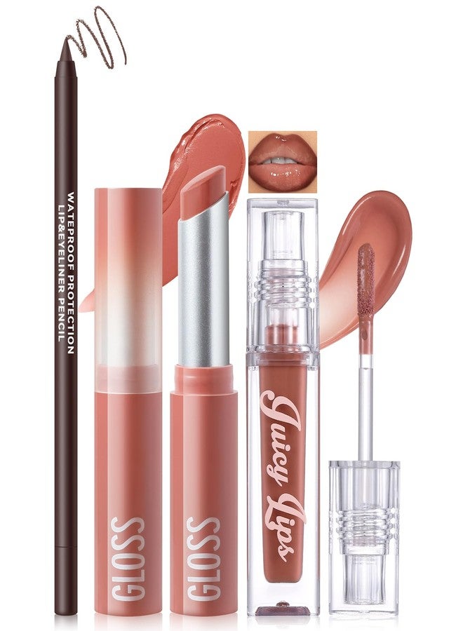 Noerrors 3Pcs Lip Combo Set, Lip Kit with Brown Plumping Lip Liner & Nourishing Lipstick & Nude Glossy Lip Gloss, Long-Lasting, Lightweight, Non-Sticky, Juicy Nude Pink Lip Contour Trio Set for Women - Image 1