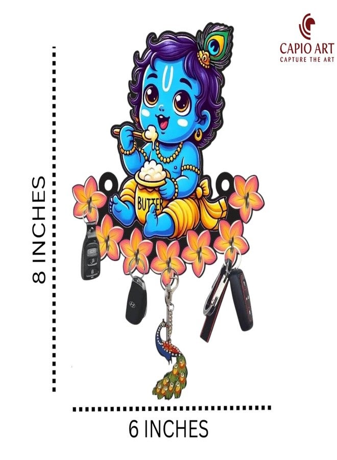CAPIO ART Designer Premium HD UV Printed Baby Krishna Key Holder for Wall | Wooden Lord Krishna with Key Stand | Decorative Multipurpose Key Hanger with 7 Hooks for Home & Office Décor, Multicolor - Image 2