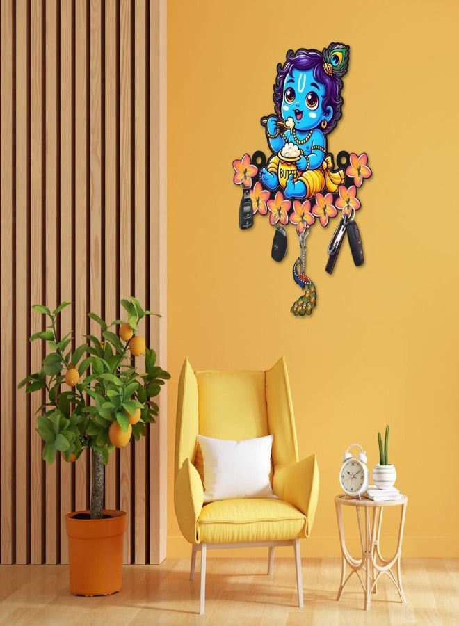 CAPIO ART Designer Premium HD UV Printed Baby Krishna Key Holder for Wall | Wooden Lord Krishna with Key Stand | Decorative Multipurpose Key Hanger with 7 Hooks for Home & Office Décor, Multicolor - Image 4