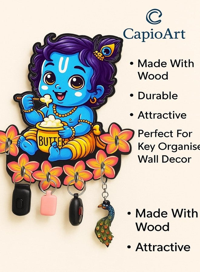 CAPIO ART Designer Premium HD UV Printed Baby Krishna Key Holder for Wall | Wooden Lord Krishna with Key Stand | Decorative Multipurpose Key Hanger with 7 Hooks for Home & Office Décor, Multicolor - Image 5