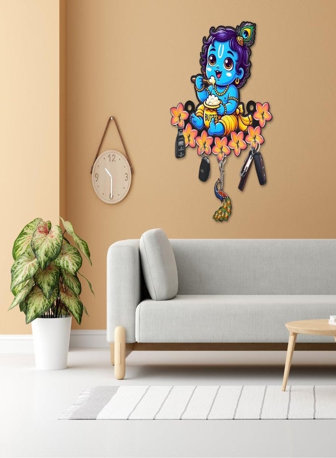 CAPIO ART Designer Premium HD UV Printed Baby Krishna Key Holder for Wall | Wooden Lord Krishna with Key Stand | Decorative Multipurpose Key Hanger with 7 Hooks for Home & Office Décor, Multicolor - Image 3