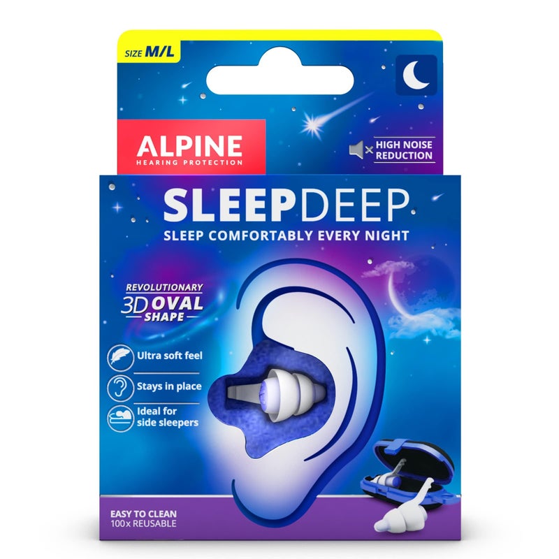 Alpine Alpine SleepDeep Soft Ear Plugs for Sleeping and Concentration New 3D Oval Shape and Noise Reducing Gel for Better Attenuation 27 dB Ideal for Side Sleeper 1Pair Reusable ML White 