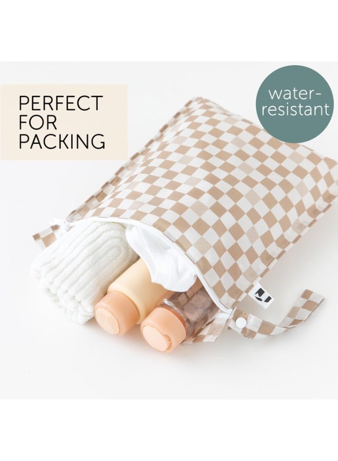 BUMKiNs Roamio Waterproof Wet Bag for Baby, Travel, Swim Suit, Cloth Diaper, Pump Parts, Pool, Gym Clothes, Beach, Toiletry, Hook to Stroller, Daycare, Zipper Reusable Bag, Wetdry Packing Pouch, Beige Check - Image 1