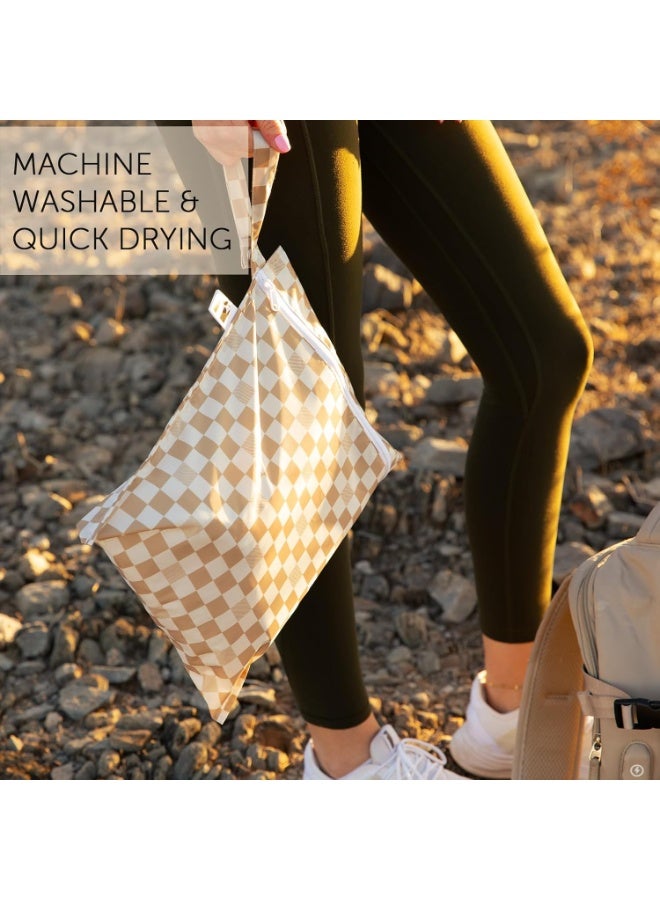 BUMKiNs Roamio Waterproof Wet Bag for Baby, Travel, Swim Suit, Cloth Diaper, Pump Parts, Pool, Gym Clothes, Beach, Toiletry, Hook to Stroller, Daycare, Zipper Reusable Bag, Wetdry Packing Pouch, Beige Check - Image 4