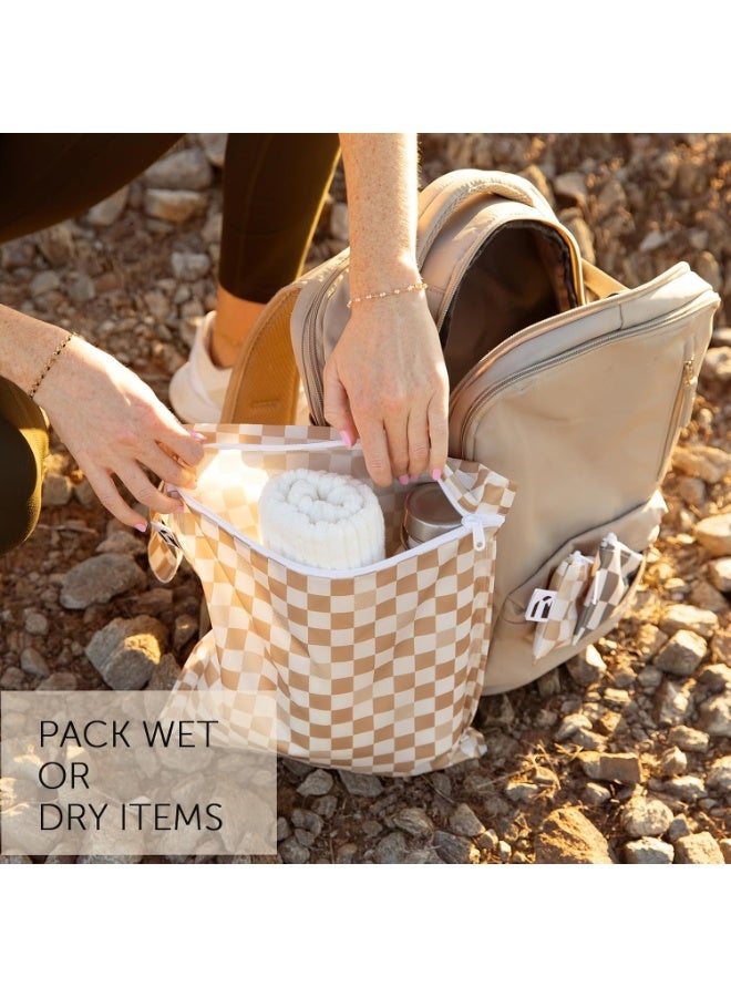 BUMKiNs Roamio Waterproof Wet Bag for Baby, Travel, Swim Suit, Cloth Diaper, Pump Parts, Pool, Gym Clothes, Beach, Toiletry, Hook to Stroller, Daycare, Zipper Reusable Bag, Wetdry Packing Pouch, Beige Check - Image 2