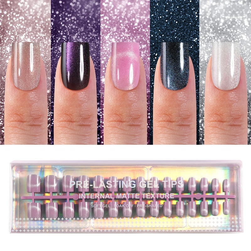 Plauva 150Pcs Cat Eye Press on Nails, Plauva XS Short Square Cat Eye Nail Tips, Glossy Glitter Fake Nails, Soft Gel Stick On Nails for Women and Girls 15 Sizes - Image 1
