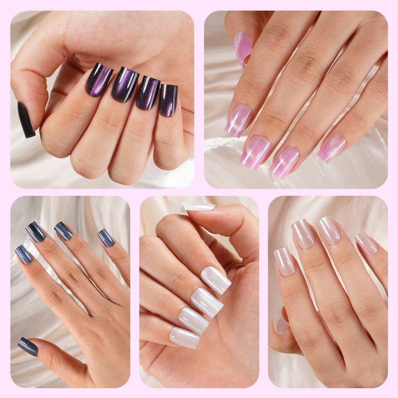 Plauva 150Pcs Cat Eye Press on Nails, Plauva XS Short Square Cat Eye Nail Tips, Glossy Glitter Fake Nails, Soft Gel Stick On Nails for Women and Girls 15 Sizes - Image 4