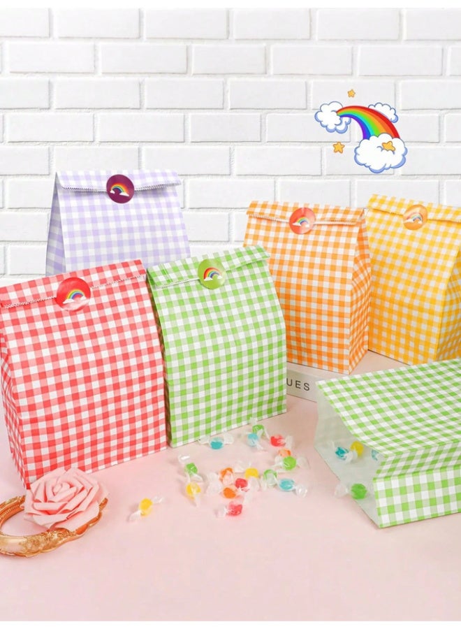 Multicolor checkered kraft paper party gift bags (12 pieces, 23 x 8 x 15 cm), including colorful sealing stickers. - Image 5