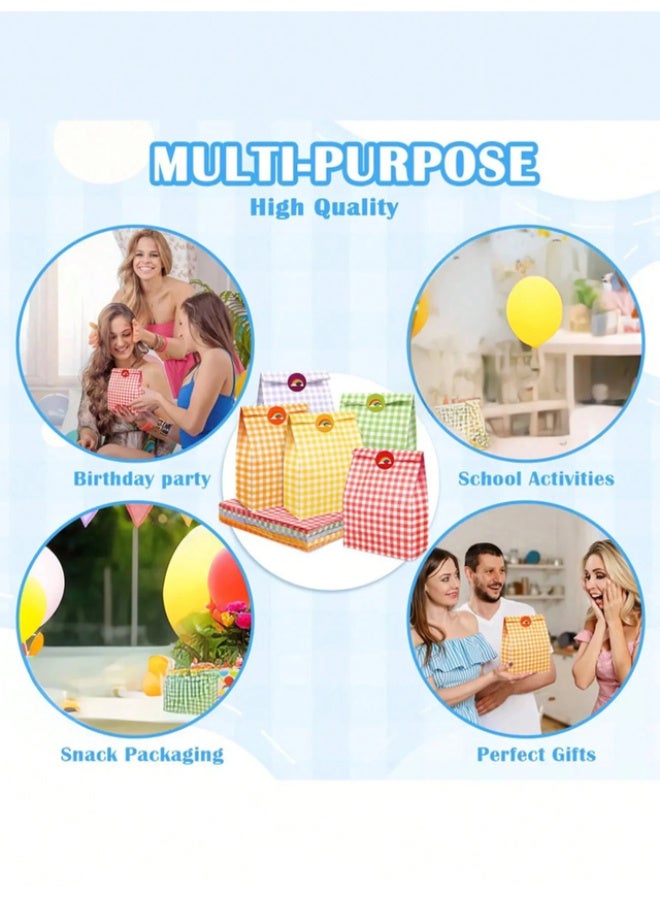 Multicolor checkered kraft paper party gift bags (12 pieces, 23 x 8 x 15 cm), including colorful sealing stickers. - Image 4
