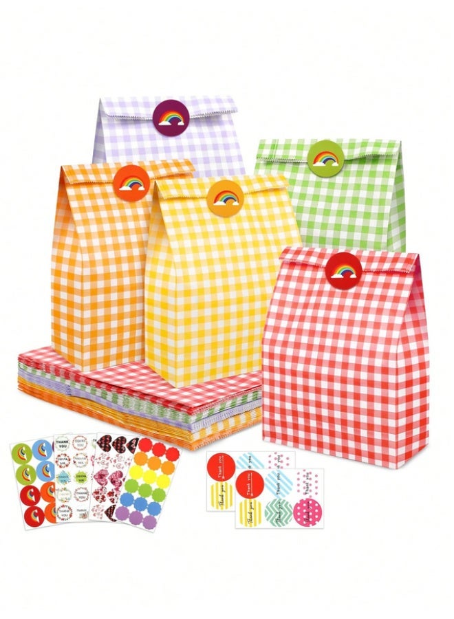 Multicolor checkered kraft paper party gift bags (12 pieces, 23 x 8 x 15 cm), including colorful sealing stickers. - Image 1