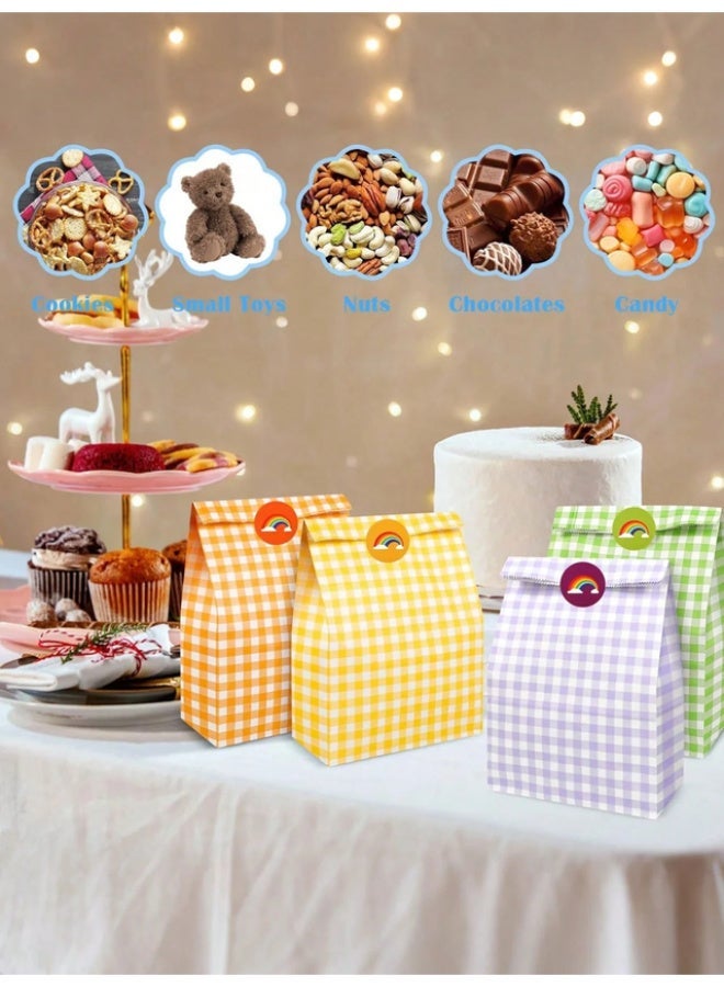 Multicolor checkered kraft paper party gift bags (12 pieces, 23 x 8 x 15 cm), including colorful sealing stickers. - Image 2