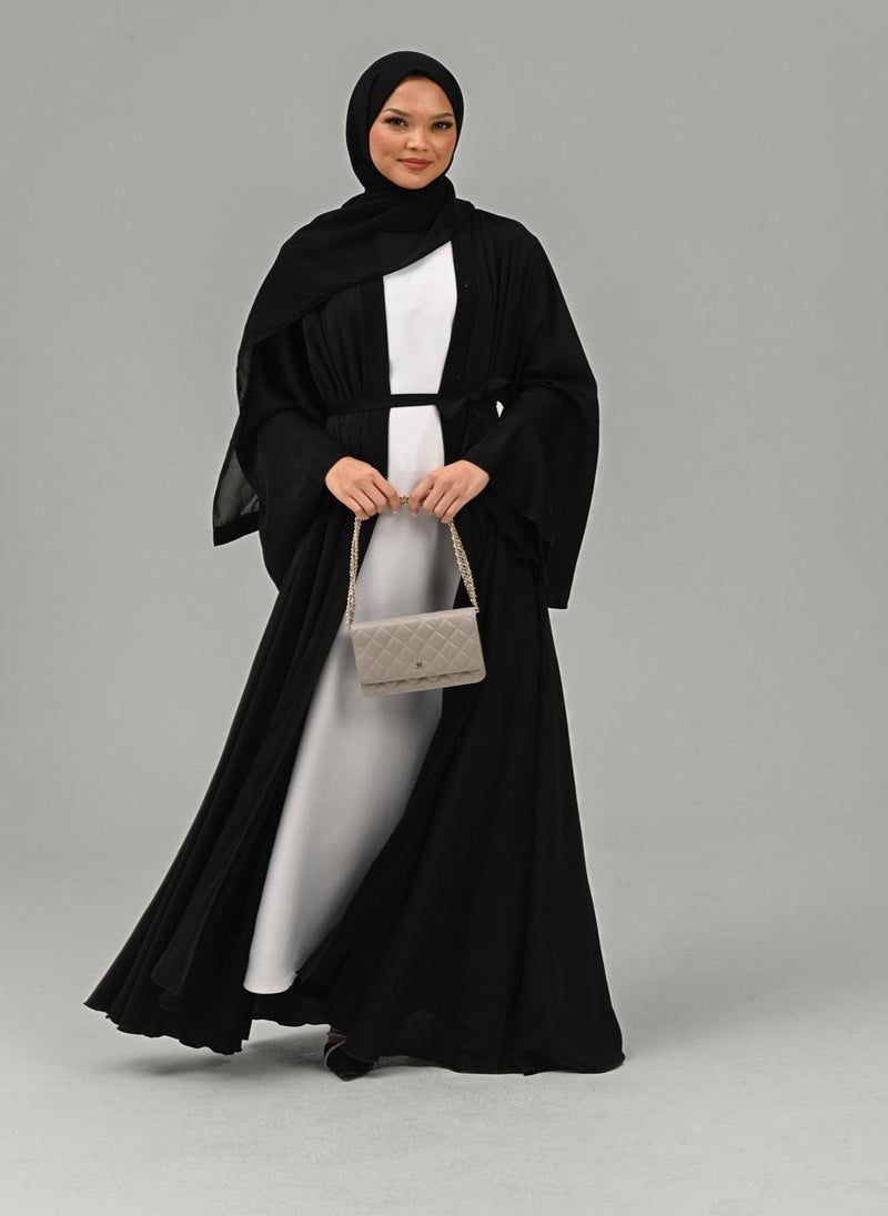 NUKHBAA - Elegant Black plain abaya wityh belt and Hijab-AB55 - Image 1
