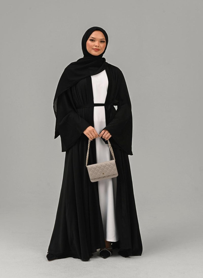 NUKHBAA - Elegant Black plain abaya wityh belt and Hijab-AB55 - Image 1