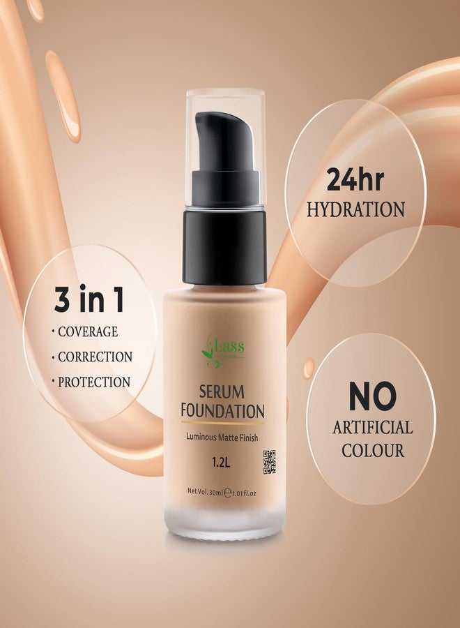 Lass Natural Serum Foundation, Luminous Matte Finish Aqua Base, With SPF 30+, Hyaluronic Acid & Salicylic Acid 0.15%, No Sillicons & Paraben, No Artificial Color, 1.2 Light - 30ml - Image 2
