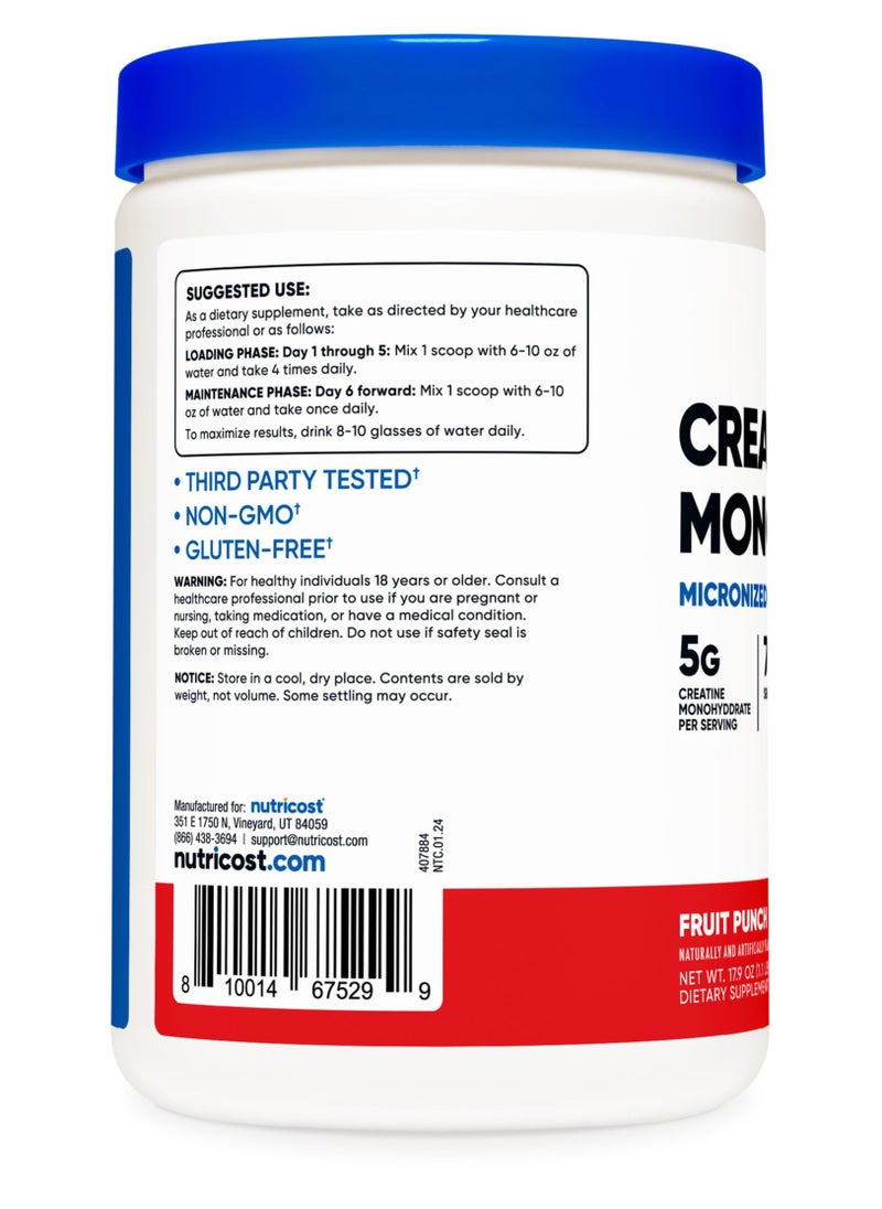 Nutricost - Creatine Monohydrate, Micronized Creatine Monohydrate, 5G Creatine Monohydrate Per Serving, 76 Servings, 500G Per Container, Fruit Punch, Net Wt. 17.9 Oz, (1.1 LB)500 G - Image 1