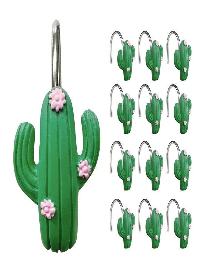 Sunlit Tropical Cactus Decorative Shower Curtain Hooks, Green Cactus Flowers Blossom Shower Curtain Rings, Resin, Summer Bathroom Decoration - 12 Pack - Image 1