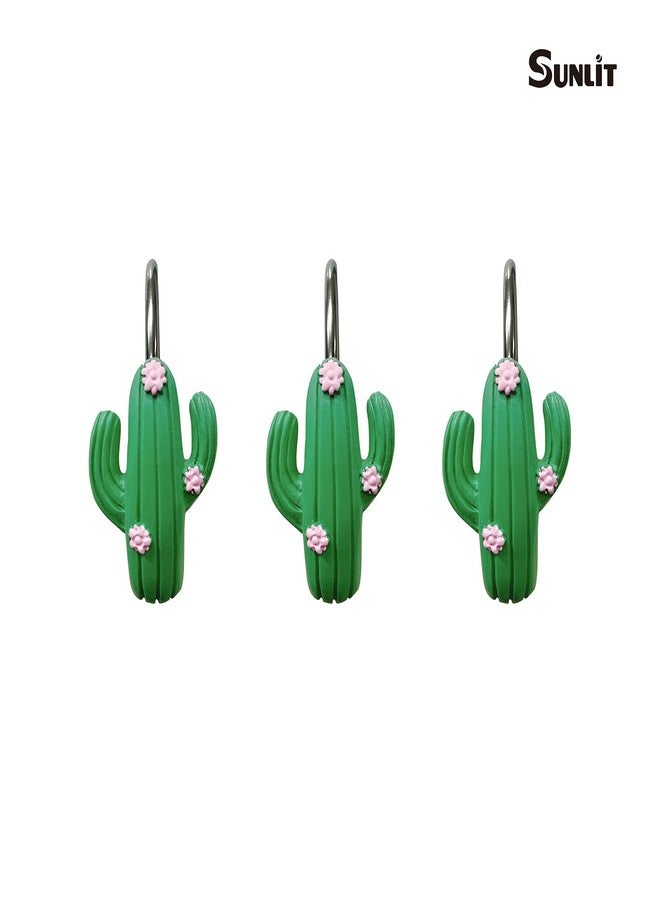Sunlit Tropical Cactus Decorative Shower Curtain Hooks, Green Cactus Flowers Blossom Shower Curtain Rings, Resin, Summer Bathroom Decoration - 12 Pack - Image 2