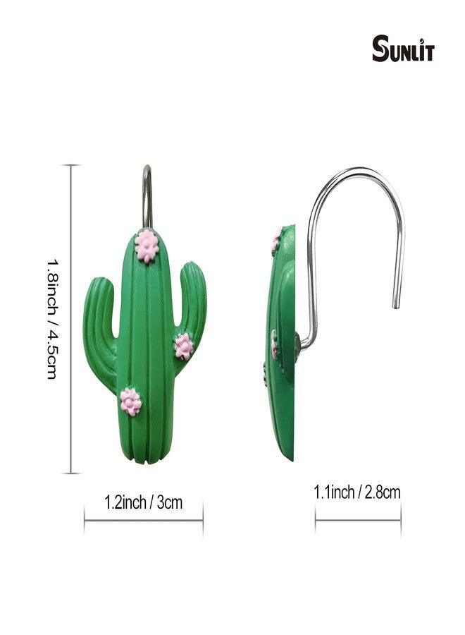 Sunlit Tropical Cactus Decorative Shower Curtain Hooks, Green Cactus Flowers Blossom Shower Curtain Rings, Resin, Summer Bathroom Decoration - 12 Pack - Image 3
