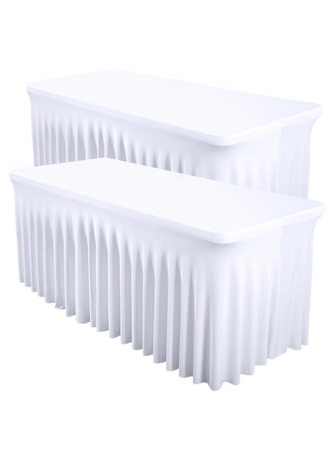 Shillance 2 Packs White Spandex Table Covers 6 Foot, Fitted Stretch Table Skirts 30x72 Inch, Wrinkle-Free Floor Length Polyester Tablecloths for Weddings Parties Banquets Events Decorations - Image 1