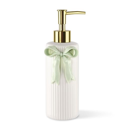 NEWHENGS Handmade Ceramic Bow Soap Pump Dispenser Hand Lotion Liquid Dispenser Refillable for Kitchen and Bathroom Decorative (Ribbon Green) - Image 1