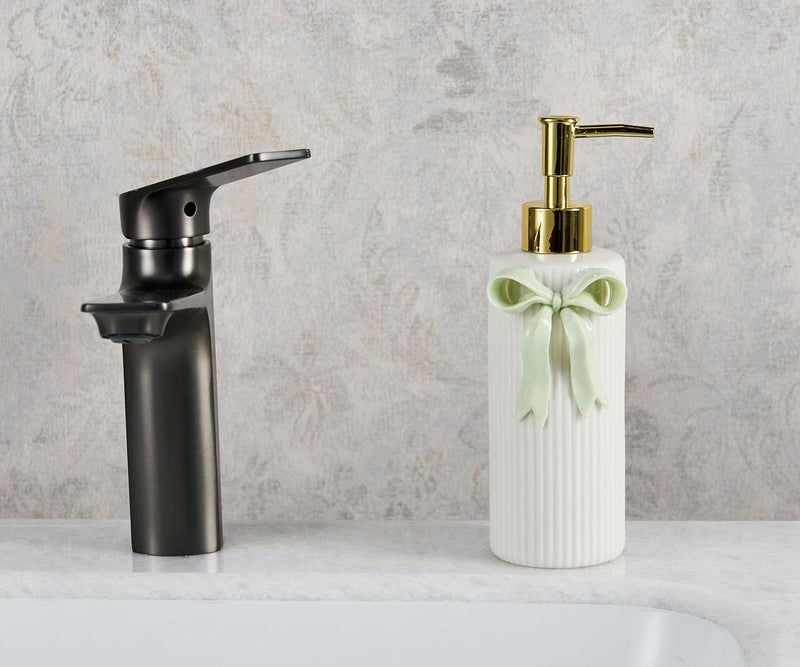 NEWHENGS Handmade Ceramic Bow Soap Pump Dispenser Hand Lotion Liquid Dispenser Refillable for Kitchen and Bathroom Decorative (Ribbon Green) - Image 2