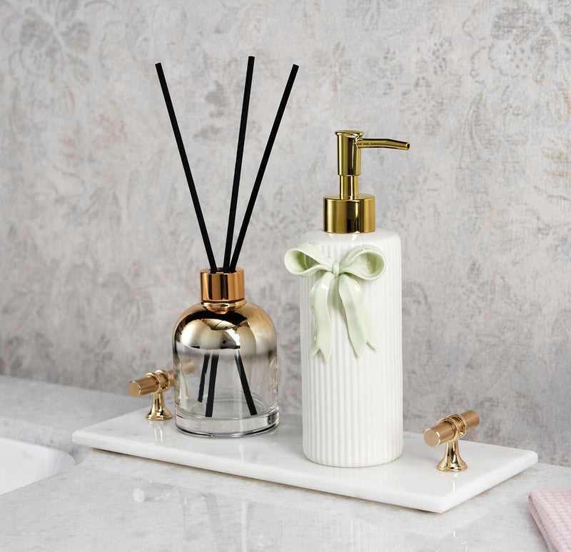 NEWHENGS Handmade Ceramic Bow Soap Pump Dispenser Hand Lotion Liquid Dispenser Refillable for Kitchen and Bathroom Decorative (Ribbon Green) - Image 3