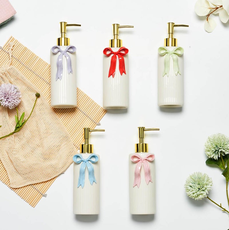 NEWHENGS Handmade Ceramic Bow Soap Pump Dispenser Hand Lotion Liquid Dispenser Refillable for Kitchen and Bathroom Decorative (Ribbon Green) - Image 4