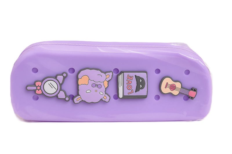 Silicone Pencil Case for Kids (Purple) – Waterproof Zippered Stationery Pouch with Cute Cartoon Charms (4pcs) – School Supplies Organizer for Girls & Boys