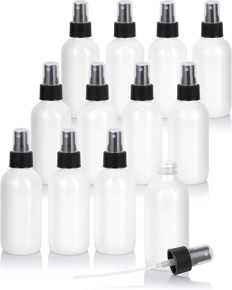 JUVITUS 4 oz High Shine Gloss White Glass Boston Round Bottle with Black Fine Mist Spray (12 pack)