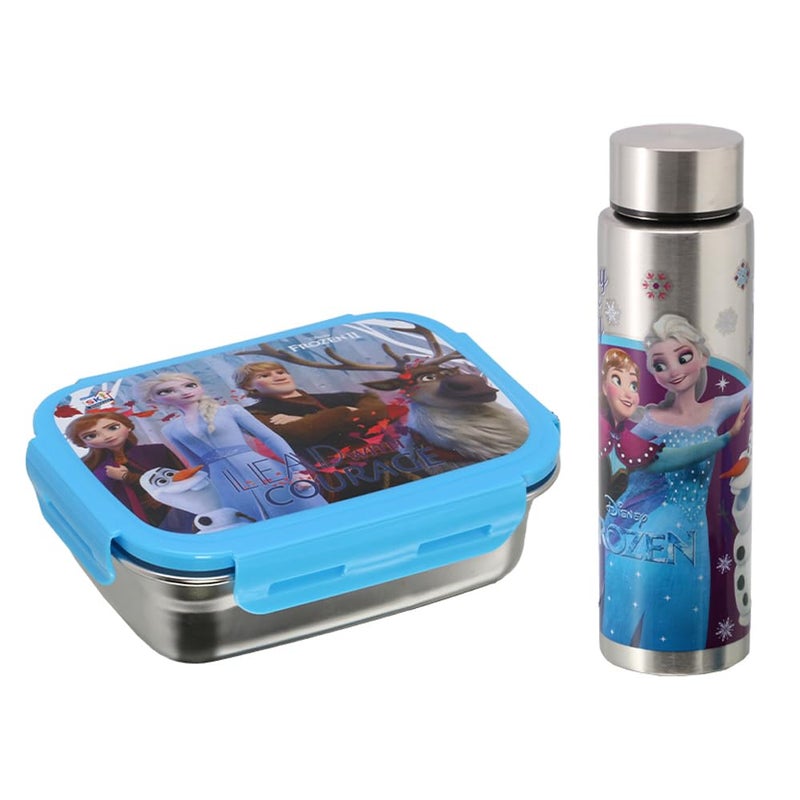 SKi Homeware Steel Lunch Box 600 ML Steel Slim Bottle 400 ML ComboGift Set Frozen - Image 1