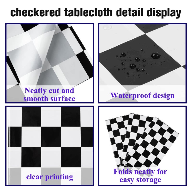 Kesfey 3 Packs Black and White Checkered Tablecloths 54 x 108 Inches Disposable Plastic Checkered Flag Racing Table Cover Waterproof Rectangle Race Car Table Cloth for Picnic Party Retro Celebration - Image 3