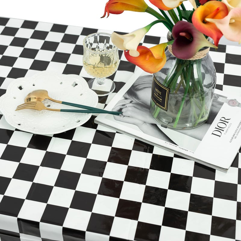 Kesfey 3 Packs Black and White Checkered Tablecloths 54 x 108 Inches Disposable Plastic Checkered Flag Racing Table Cover Waterproof Rectangle Race Car Table Cloth for Picnic Party Retro Celebration - Image 5