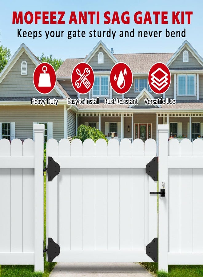 Mofeez Anti Sag Gate Kit Fence Gate Hardware - Heavy Duty 90 Degree Right Angle Hinges with Self-Locking Gate Latch & Corner Brace - for Wood Gates, Garden Fence (1 Set) - Image 2