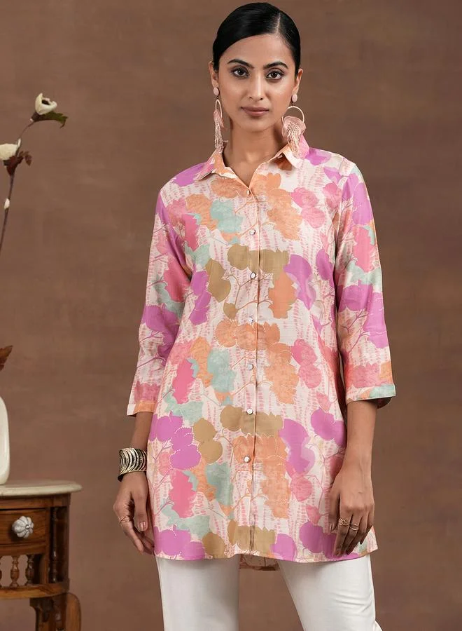 لباس Pink Printed Silk Blend Straight Kurti