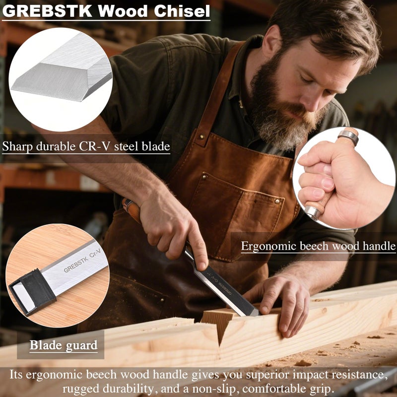 GREBSTK 4 Pcs Wood Chisel Set CRV Steel Bevel Sharp Edge Bench Chisels with Safety Caps for Woodworking and DIY Projects 1/4", 1/2", 3/4", 1" - Image 3
