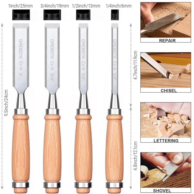GREBSTK 4 Pcs Wood Chisel Set CRV Steel Bevel Sharp Edge Bench Chisels with Safety Caps for Woodworking and DIY Projects 1/4", 1/2", 3/4", 1" - Image 2