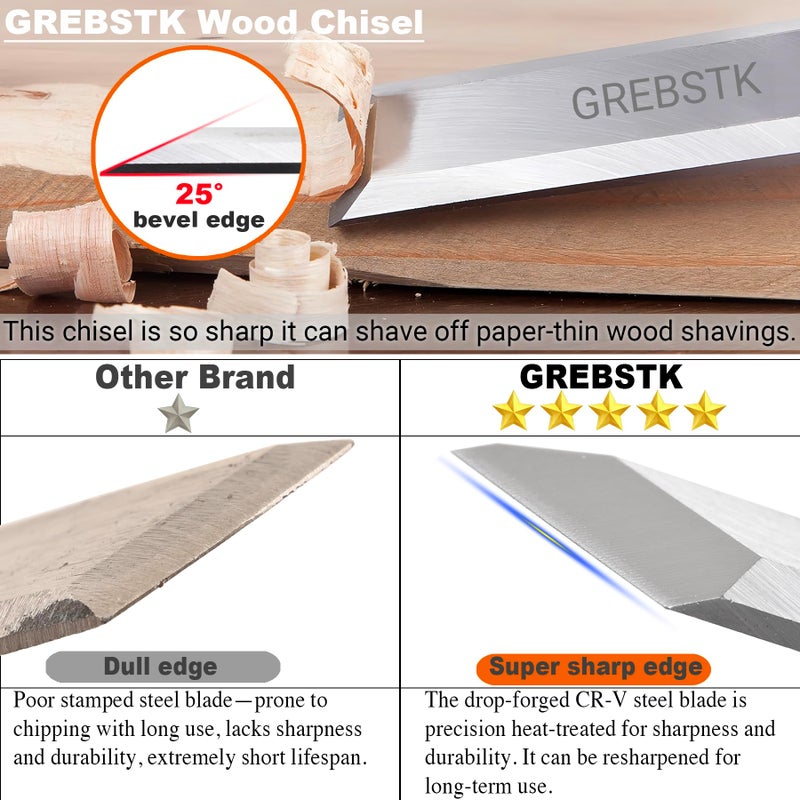 GREBSTK 4 Pcs Wood Chisel Set CRV Steel Bevel Sharp Edge Bench Chisels with Safety Caps for Woodworking and DIY Projects 1/4", 1/2", 3/4", 1" - Image 4