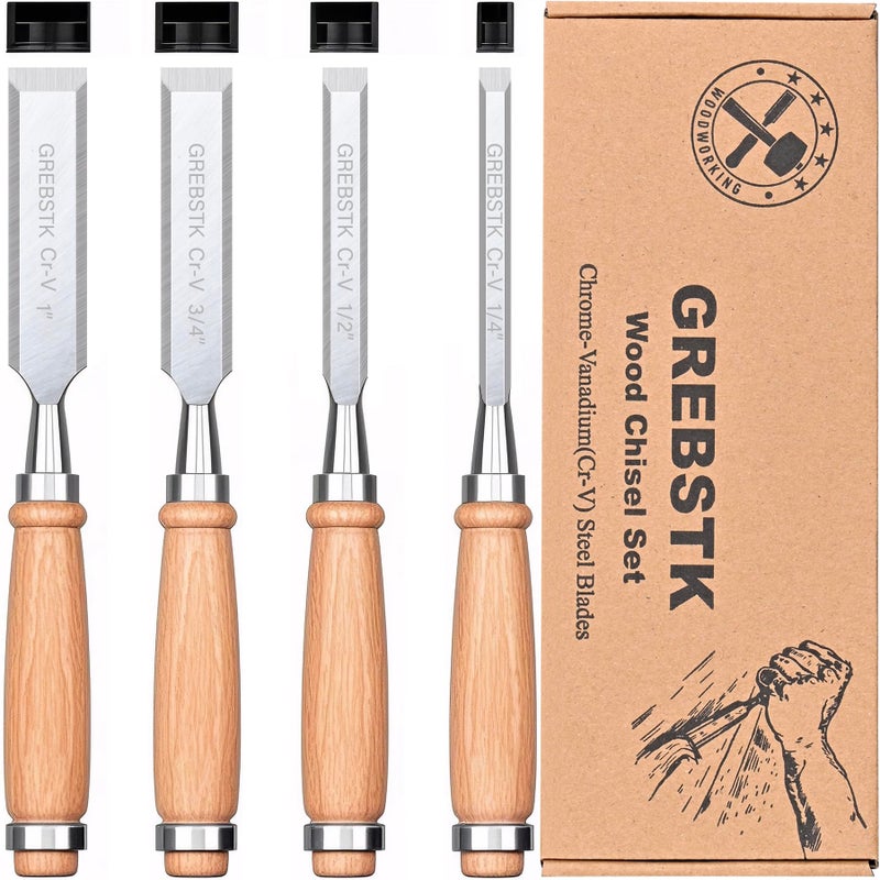 GREBSTK 4 Pcs Wood Chisel Set CRV Steel Bevel Sharp Edge Bench Chisels with Safety Caps for Woodworking and DIY Projects 1/4", 1/2", 3/4", 1" - Image 1