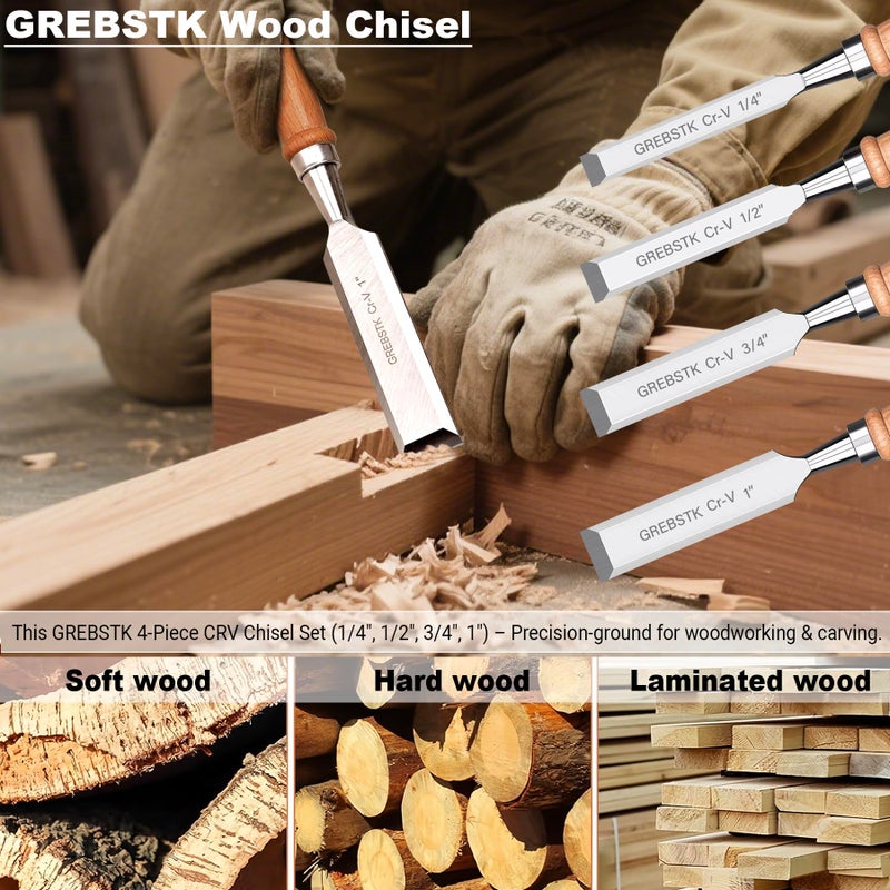 GREBSTK 4 Pcs Wood Chisel Set CRV Steel Bevel Sharp Edge Bench Chisels with Safety Caps for Woodworking and DIY Projects 1/4", 1/2", 3/4", 1" - Image 5