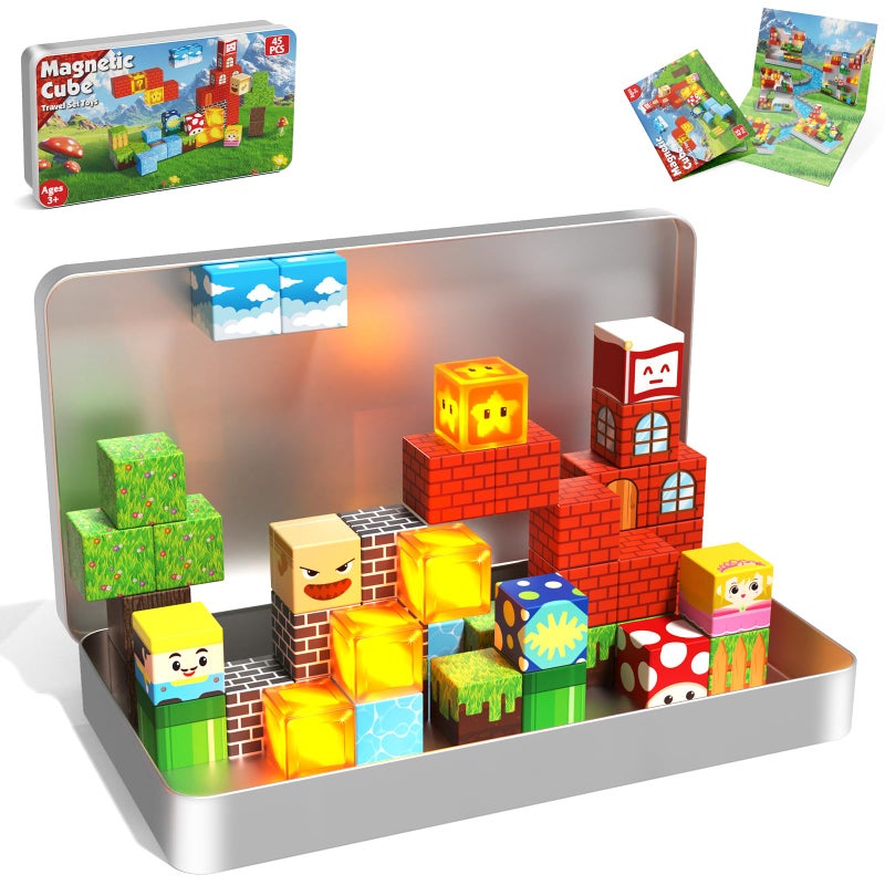 Annexfun Magnetic Blocks with Light Up Blocks 45PCS Travel Magnetic Building Blocks for ToddlerSTEM Educational Cubes Toys for Kids Ages 3 4 5 6 7 8 Year Old Boys Girls Christmas Birthday Gifts - Image 3