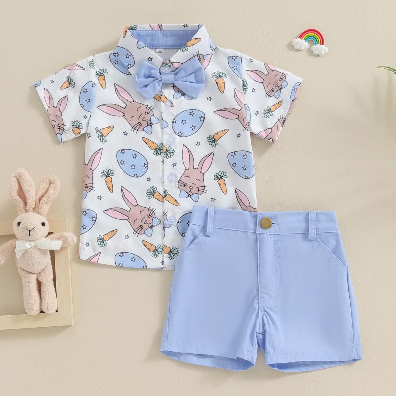 LAGKIYOJ Toddler Boy Easter Outfits Carrot Bunny Print Bowtie Short Sleeve Shirts Tops And Shorts Summer Clothes 2Pcs Set (Blue, 12-18 Months) - Image 2