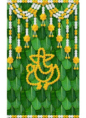 DHARA CREATION Dhara Banana Leaf with Marigold Ganesha Backdrop Cloth 5ft x 8ft Polyester Fabric for Ganesh Chaturthi Satyanarayan Pooja Annaprassana Aritaku Washable Fabric  - Image 1