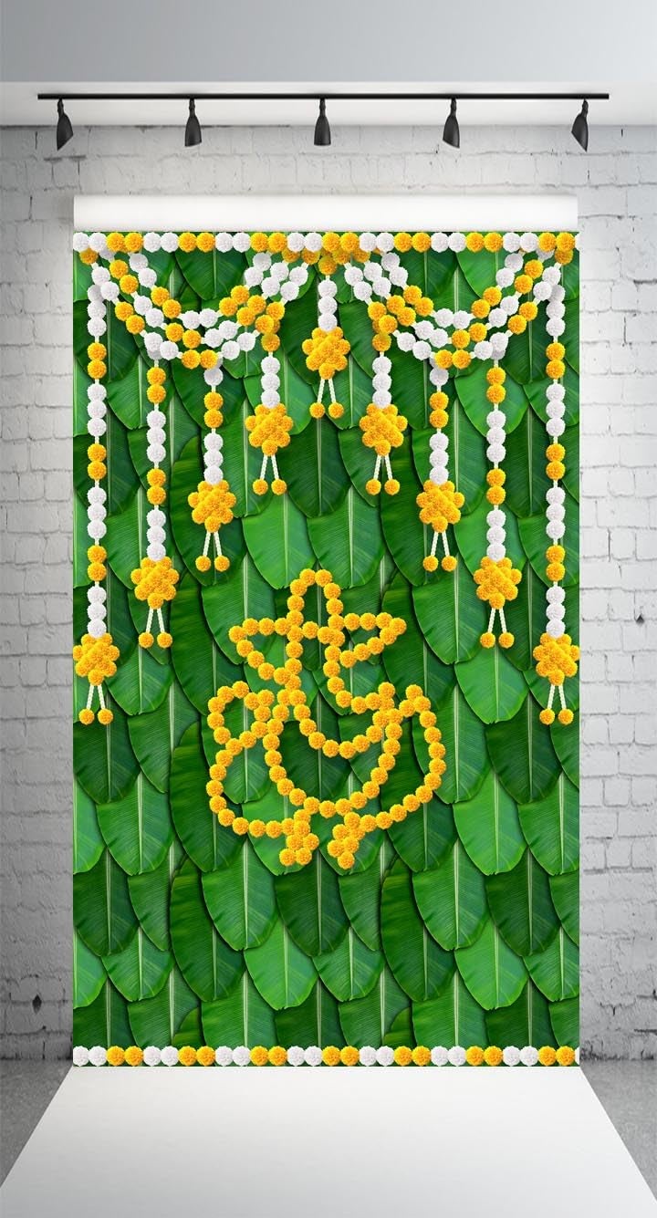 DHARA CREATION Dhara Banana Leaf with Marigold Ganesha Backdrop Cloth 5ft x 8ft Polyester Fabric for Ganesh Chaturthi Satyanarayan Pooja Annaprassana Aritaku Washable Fabric - Image 4