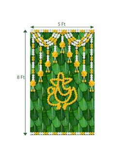 DHARA CREATION Dhara Banana Leaf with Marigold Ganesha Backdrop Cloth 5ft x 8ft Polyester Fabric for Ganesh Chaturthi Satyanarayan Pooja Annaprassana Aritaku Washable Fabric  - Image 2