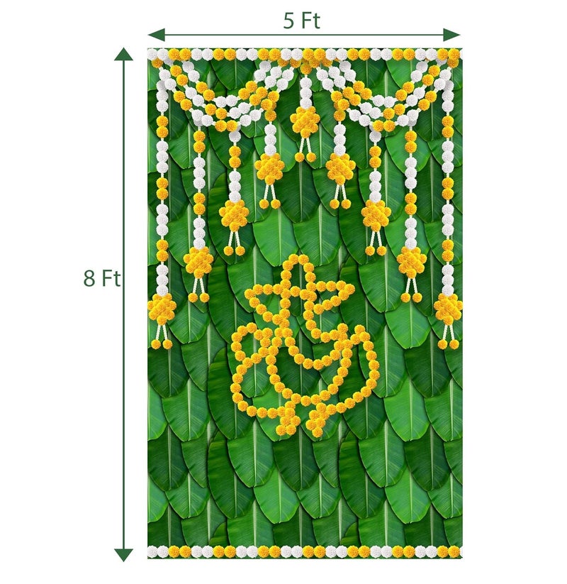 DHARA CREATION Dhara Banana Leaf with Marigold Ganesha Backdrop Cloth 5ft x 8ft Polyester Fabric for Ganesh Chaturthi Satyanarayan Pooja Annaprassana Aritaku Washable Fabric - Image 2