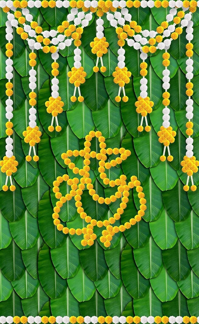 DHARA CREATION Dhara Banana Leaf with Marigold Ganesha Backdrop Cloth 5ft x 8ft Polyester Fabric for Ganesh Chaturthi Satyanarayan Pooja Annaprassana Aritaku Washable Fabric - Image 5