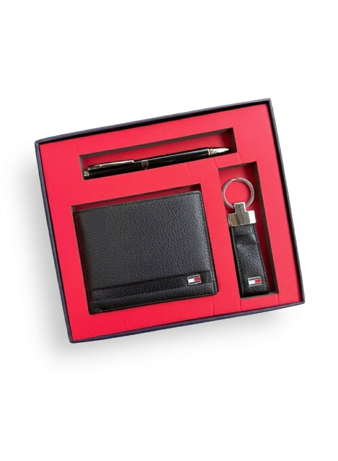 Men's Pebbled Leather Wallet Gift Set with Ballpoint Pen & Keychain - Black Bifold Box Set for Men