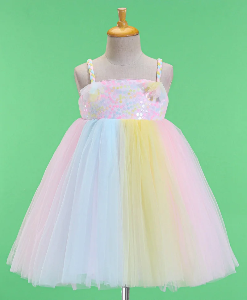 babyhug Babyhug Sleeveless Party Frock With Mesh & Sequine Detailing - Pink Yellow & Blue